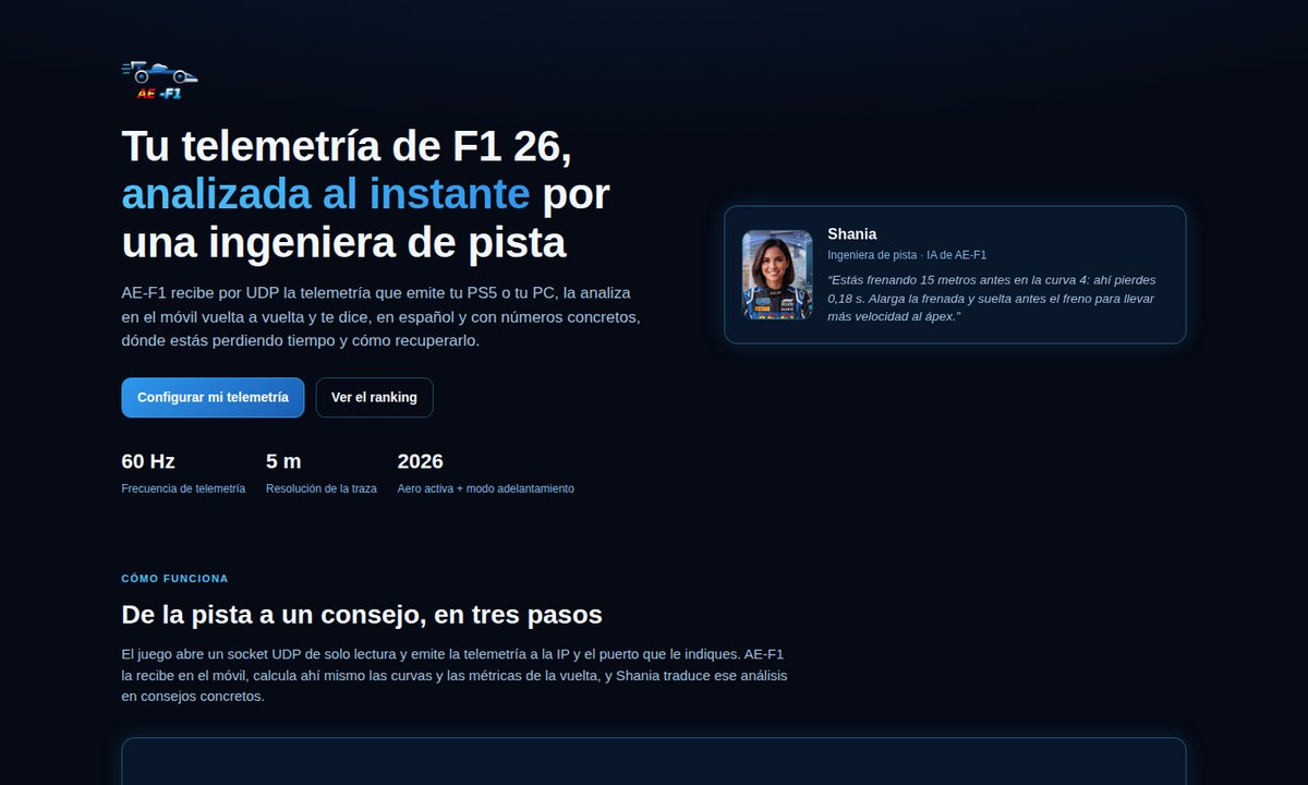 Portada de la app AE-F1: telemetría analizada al instante por una ingeniera de pista