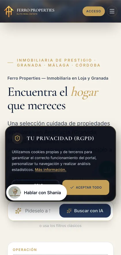 La web de Ferro Properties en un móvil