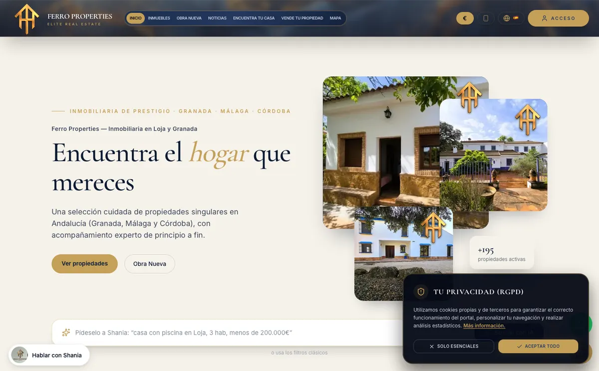Portada de ferroproperties.com, la web de Ferro Properties hecha con Shania