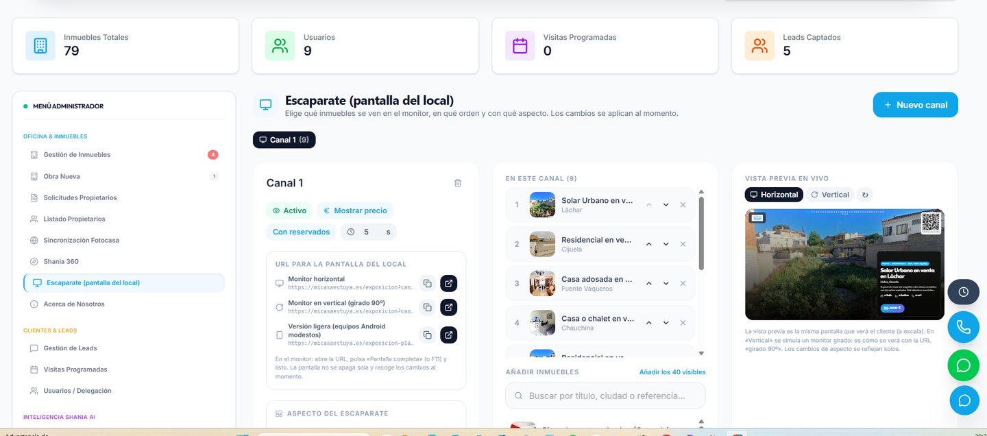 Panel de administración del escaparate: canales, orden de los inmuebles, buscador y vista previa en vivo