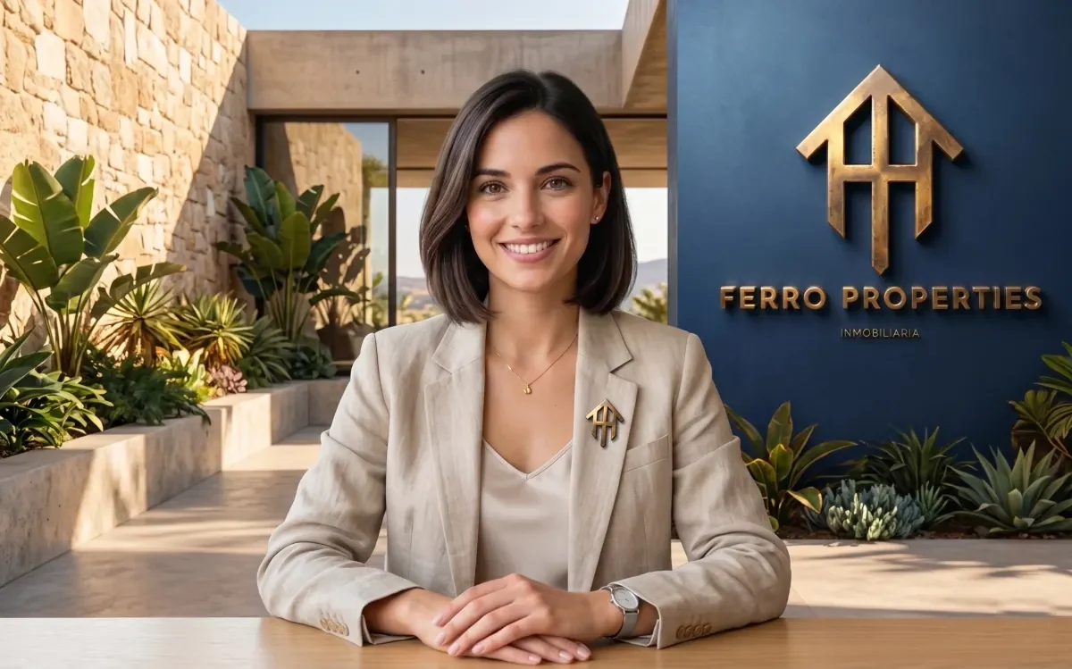 Shania, la asistente de inteligencia artificial de Ferro Properties, delante del rótulo de la agencia (imagen generada con IA)